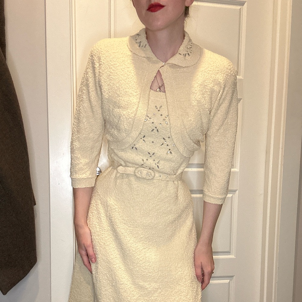 1950s knit dress, belt, and Jacket Set - Picture 2 of 8